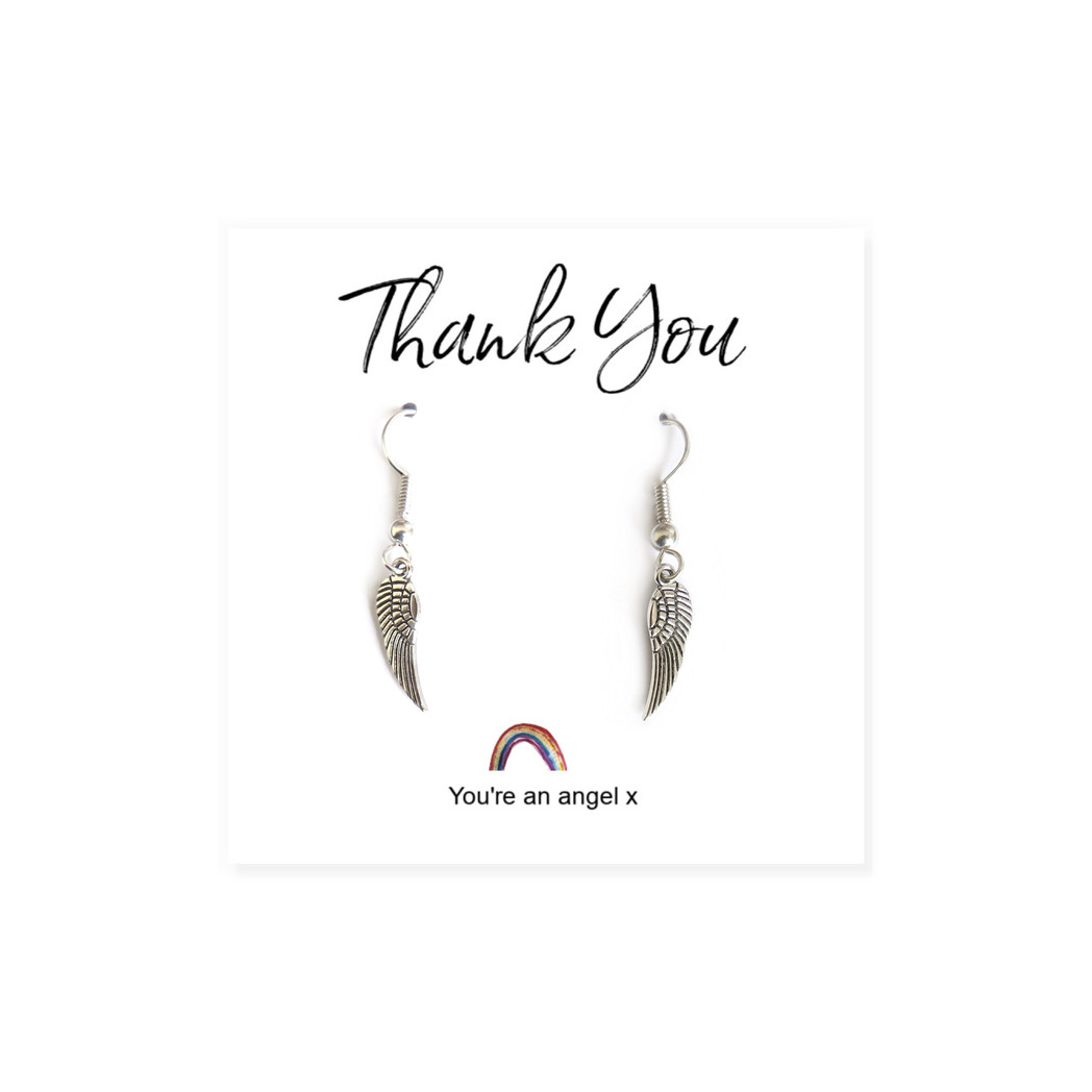 Angel Wing Earrings on Rainbow Thank You Card