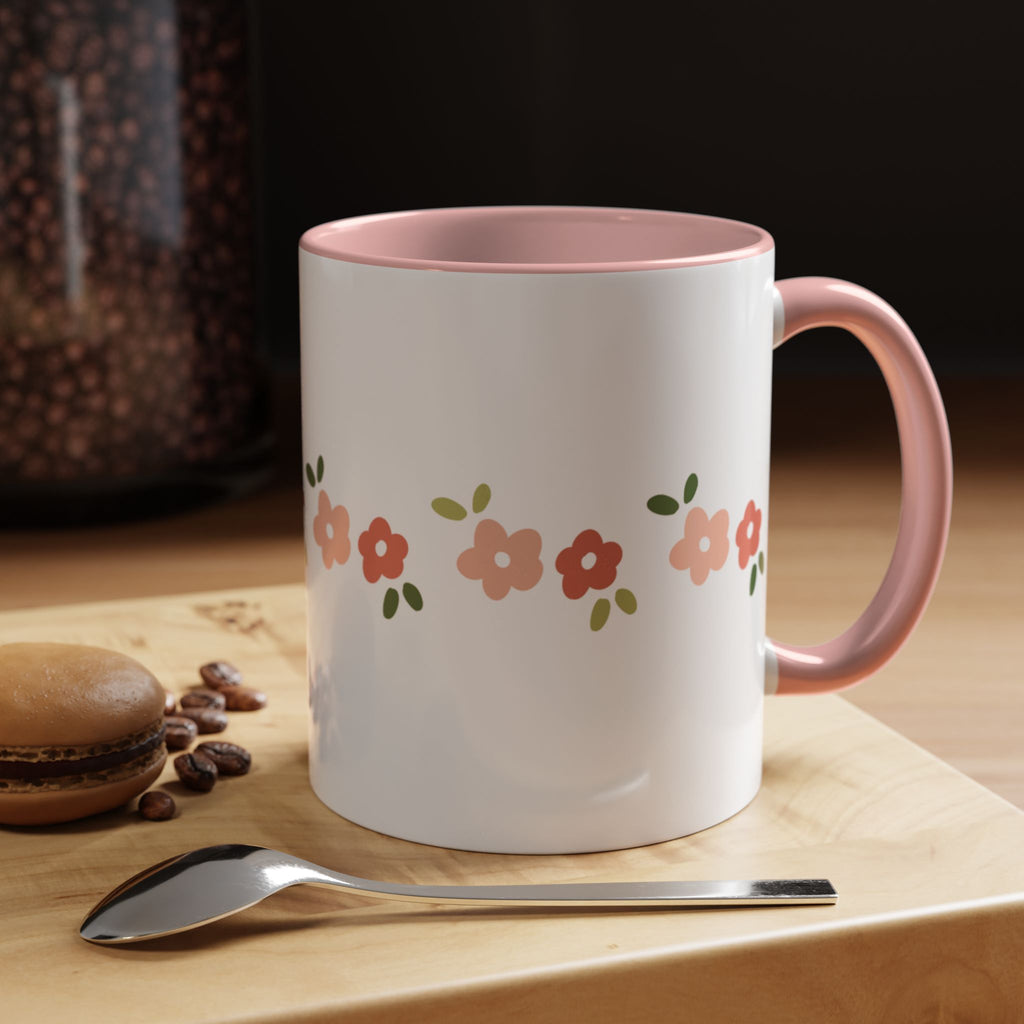 Floral Stripe Accent Coffee Mug — Cute Peach Blossoms (11/15 oz)