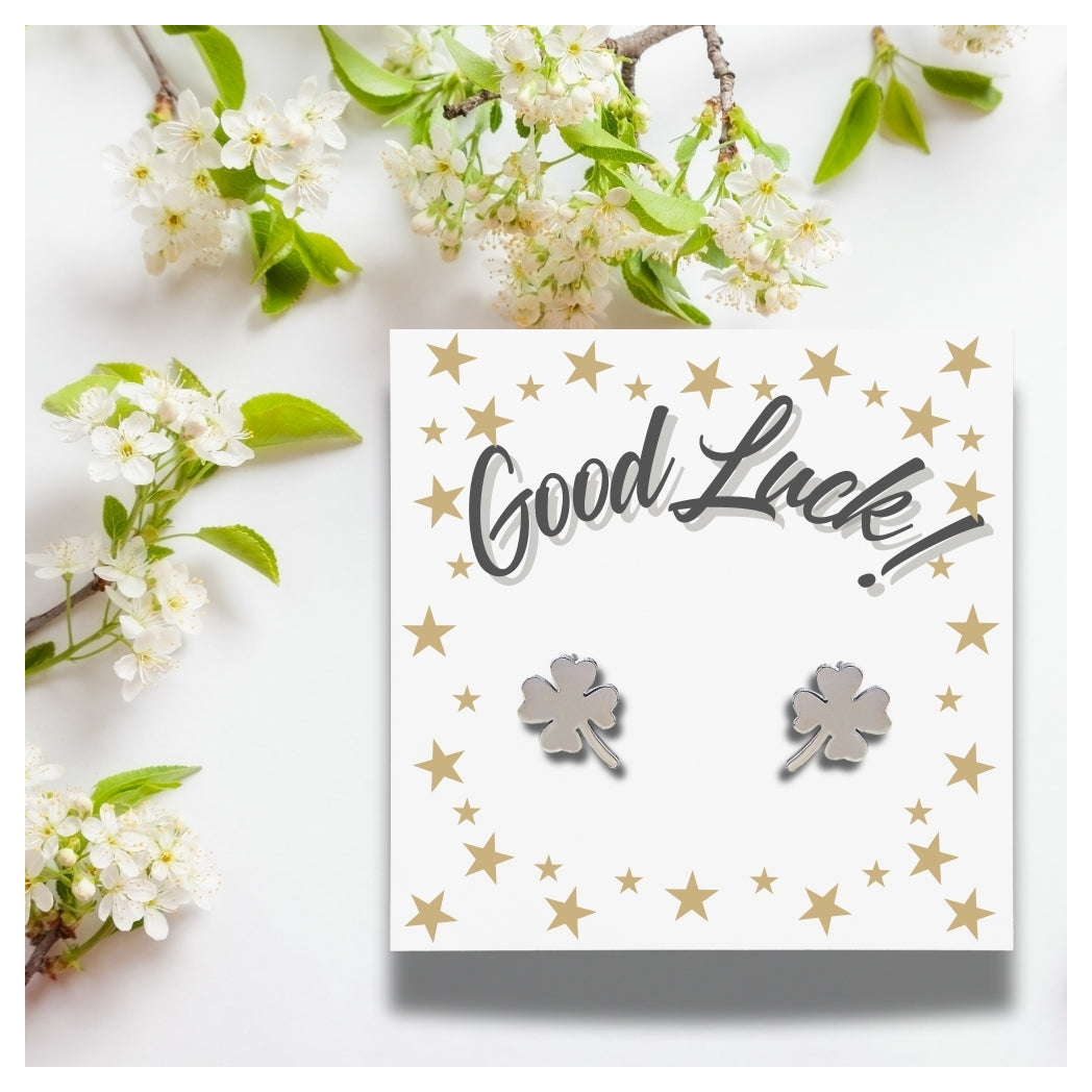 Good Luck Card & Four Leaf Clover Stud Earrings