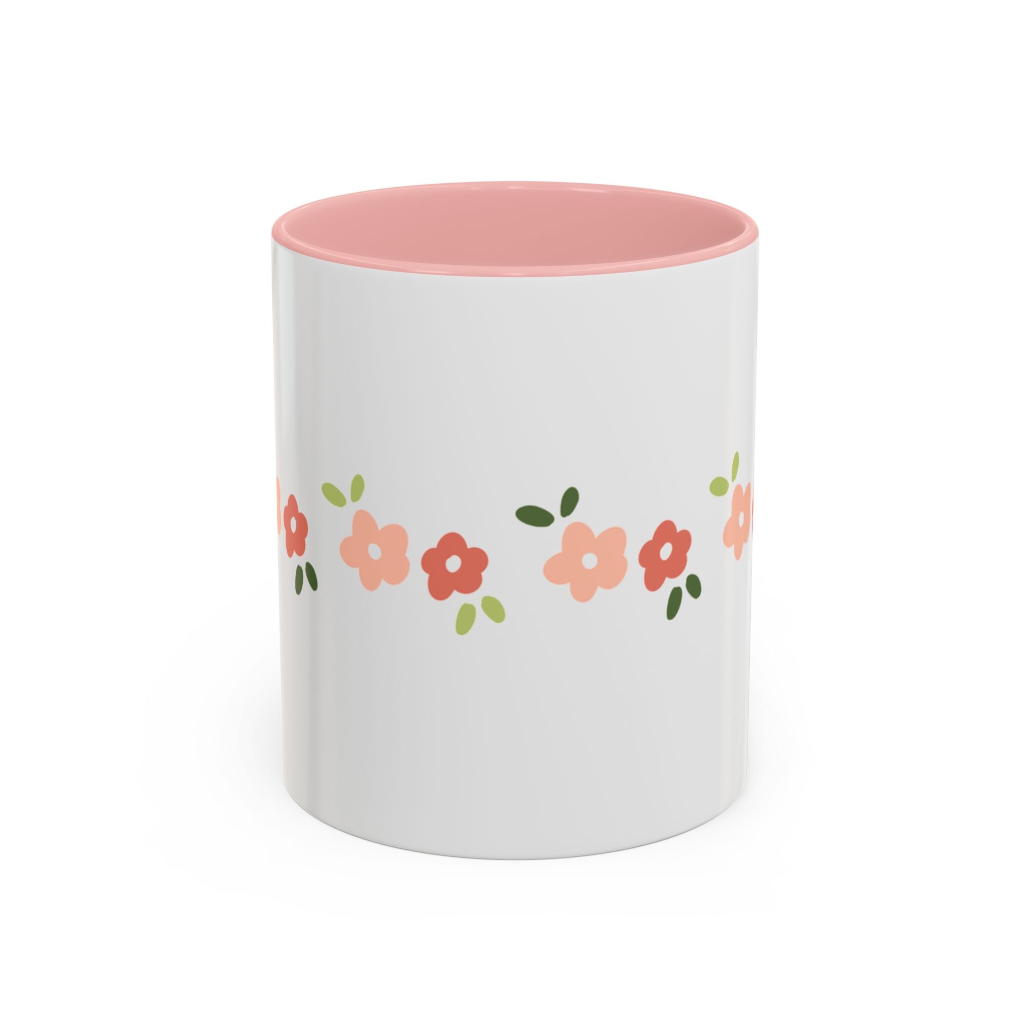 Floral Stripe Accent Coffee Mug — Cute Peach Blossoms (11/15 oz)