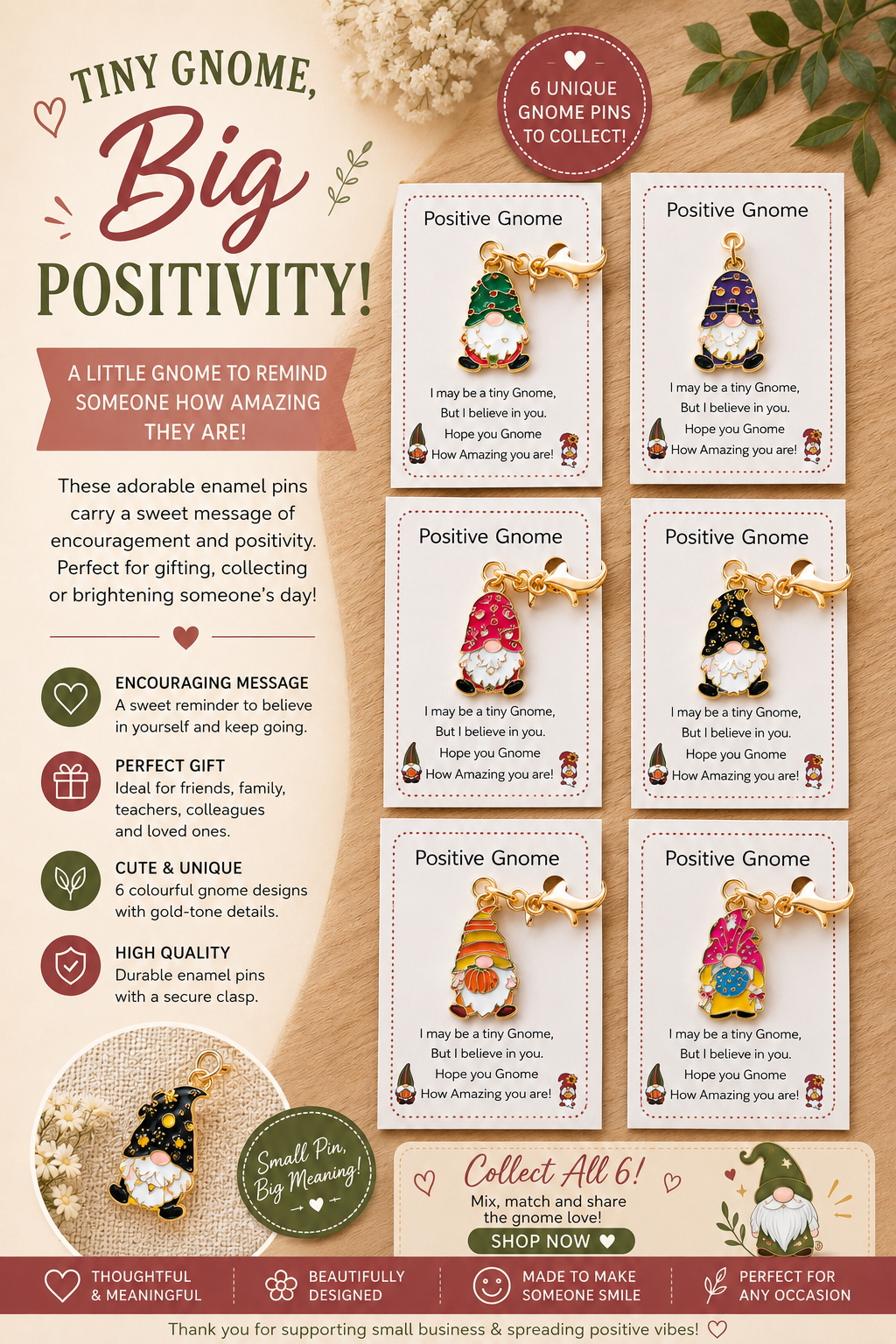 Positive Gnome Charm  | Encouraging Gold-Tone Charm 6 Designs
