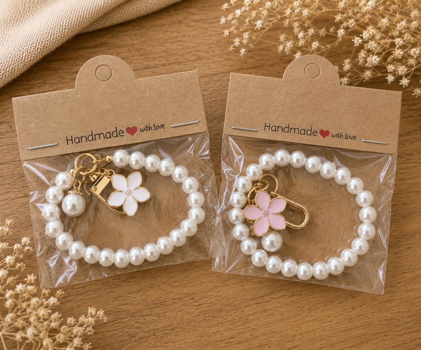 Handmade Pearl Keychain with Floral Charm – Elegant Accessory