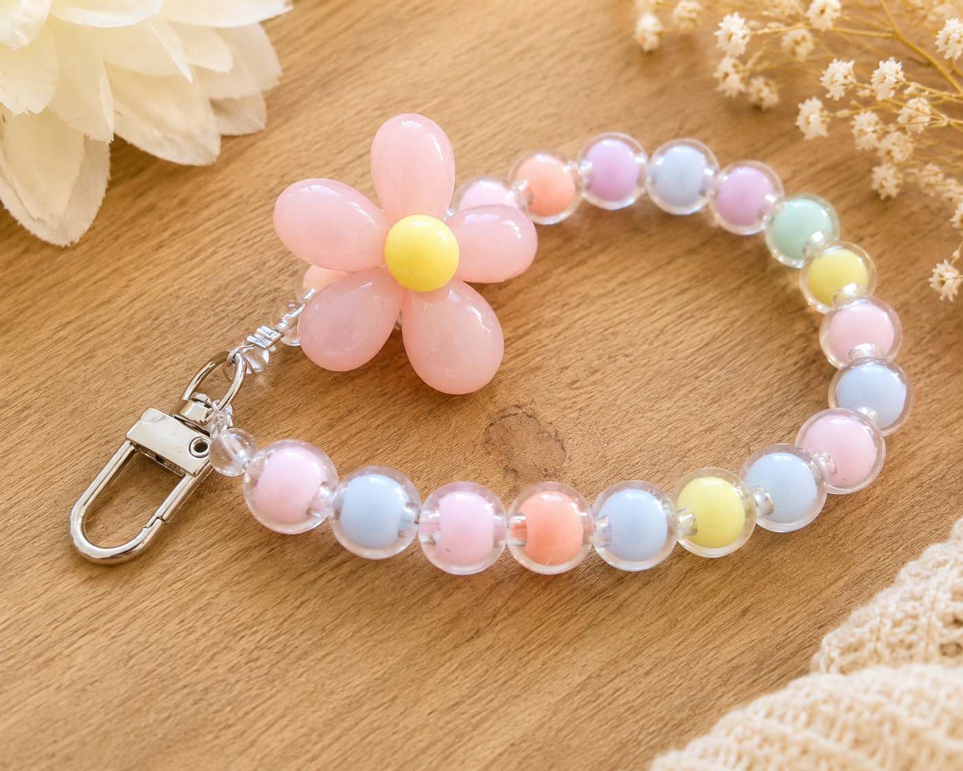 Pastel Daisy Beaded Keychain | Flower Bag Charm | Phone Accessory