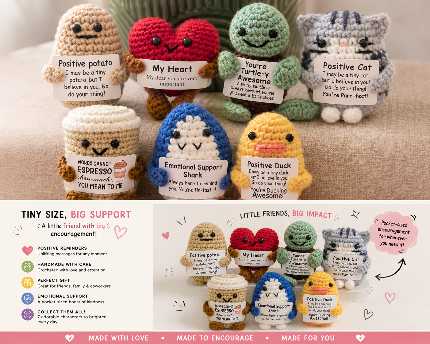 Crochet Pocket Hug | Positive Affirmation Plush Toy, Mental Health Support Gift