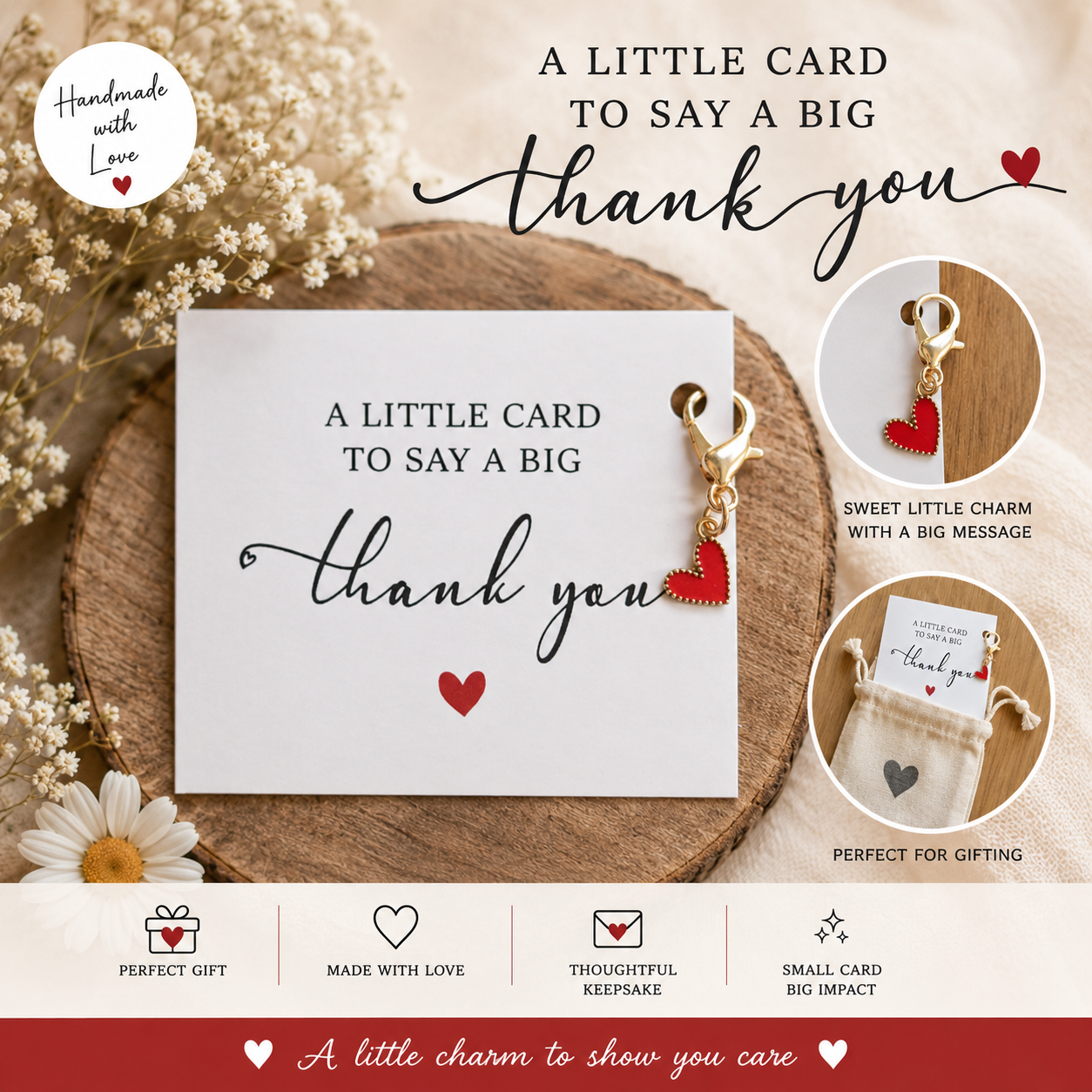 Thank you card with heart charm