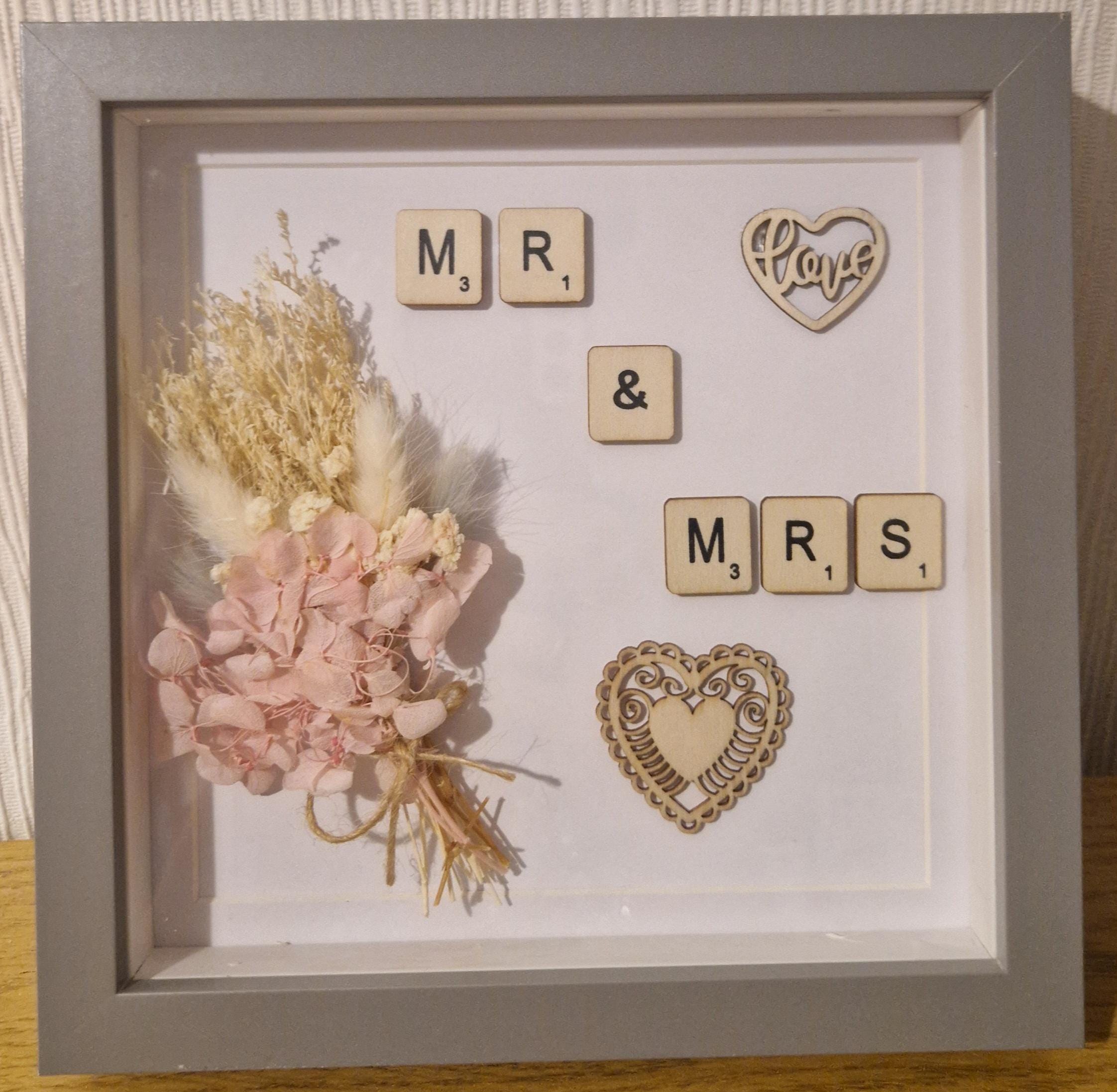 Mr & Mrs Scrabble Frame | Rustic Floral Keepsake, Custom Couple Gift