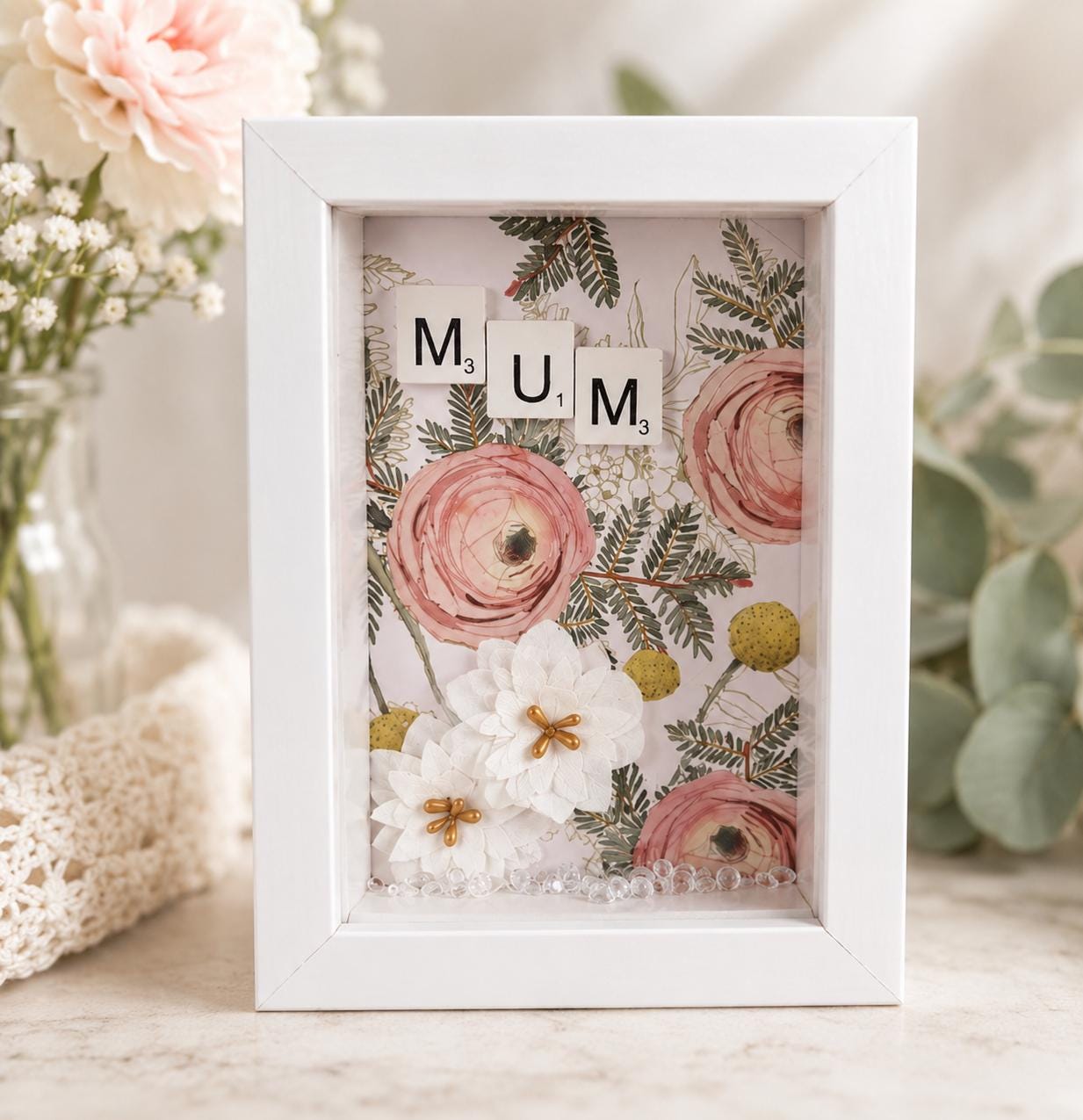 Personalised Scrabble Name flower Frame | Handmade Keepsake Art
