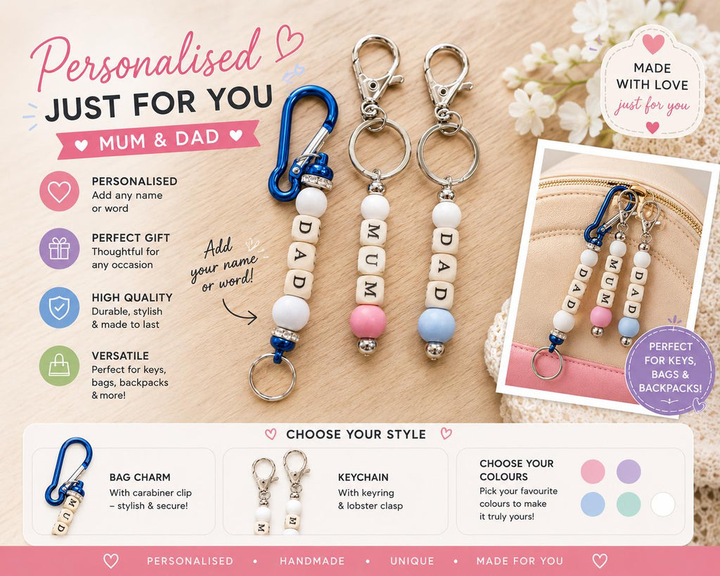 Personalised Silicone Bead Keyring | Custom Name Bag Charm, Mum Dad Gift