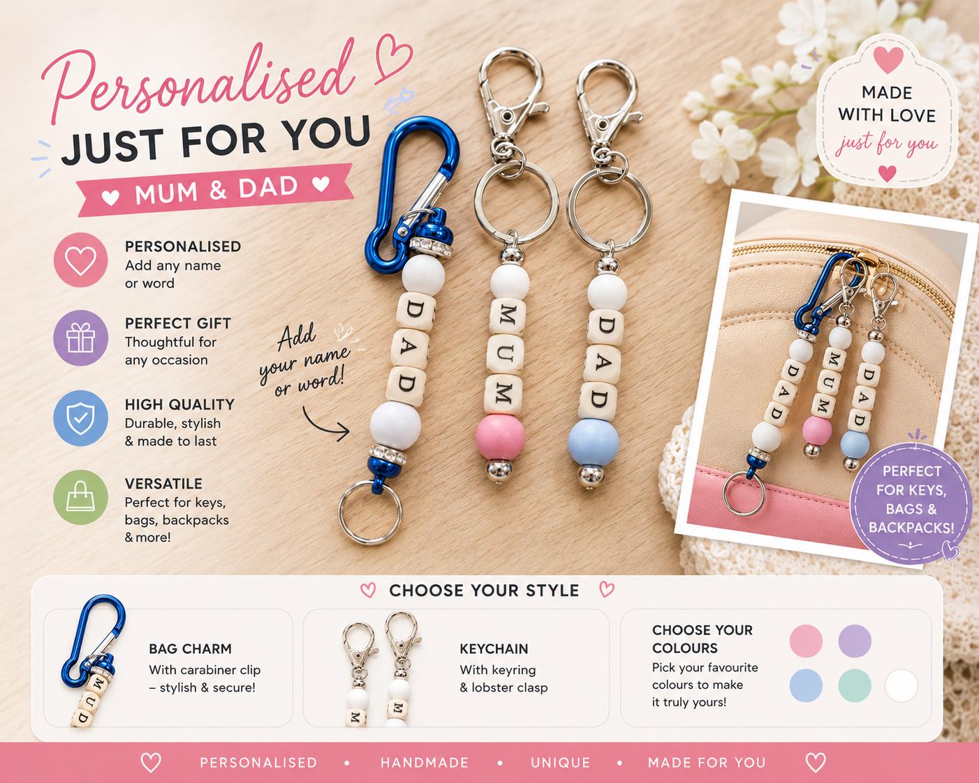 Personalised Silicone Bead Keyring | Custom Name Bag Charm, Mum Dad Gift