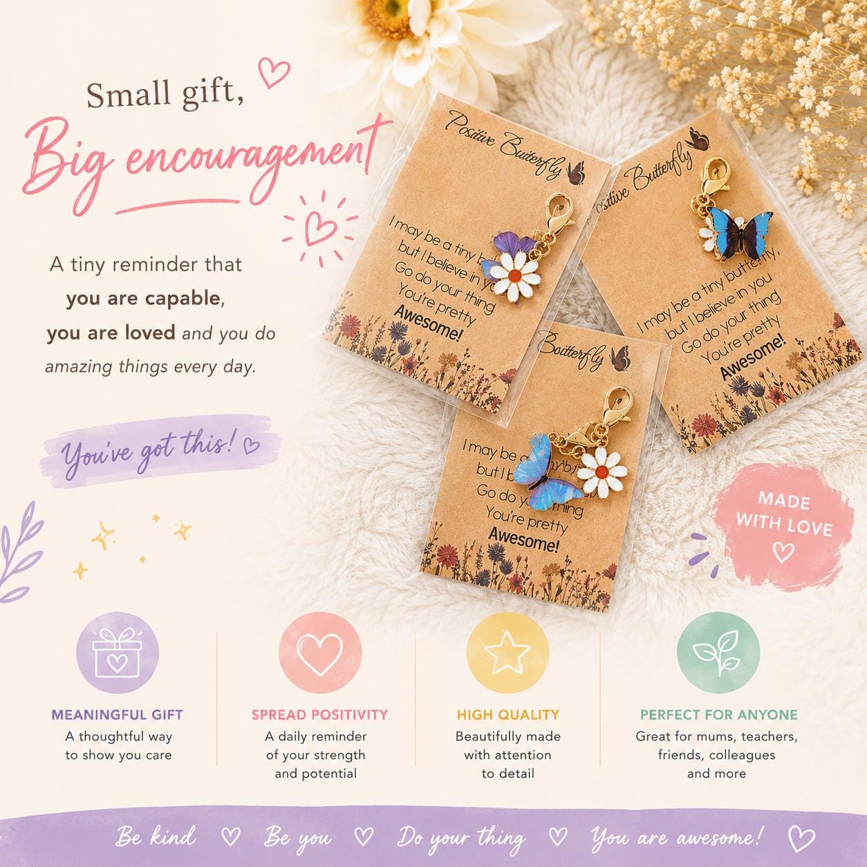 Positive Butterfly Daisy Charm Keyring | Inspirational Message Card Gift