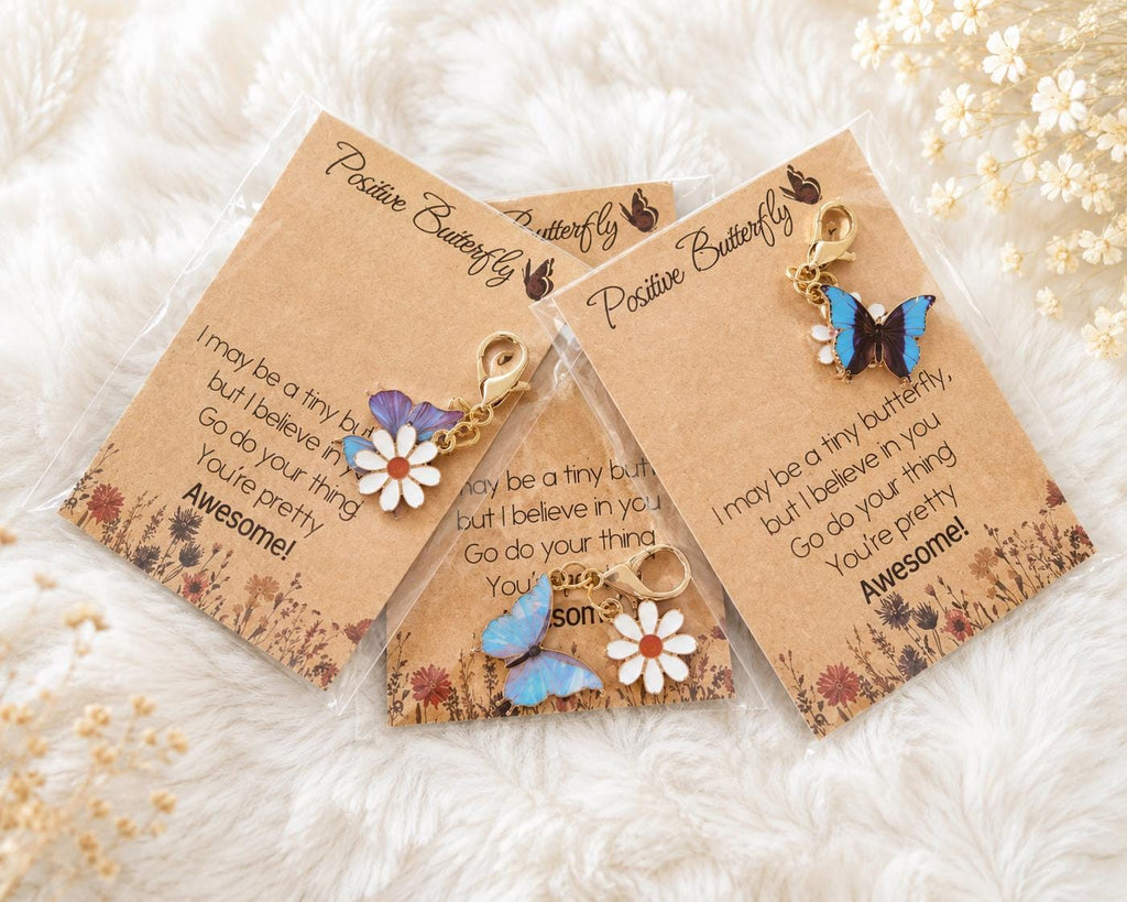 Positive Butterfly Daisy Charm Keyring | Inspirational Message Card Gift