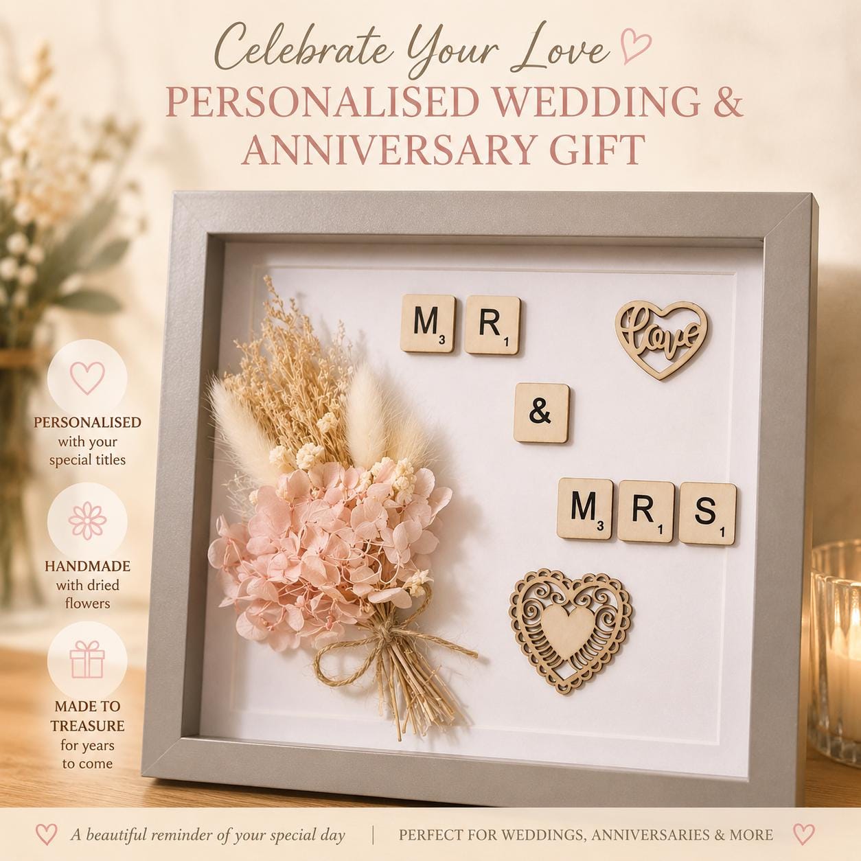 Mr & Mrs Scrabble Frame | Rustic Floral Keepsake, Custom Couple Gift