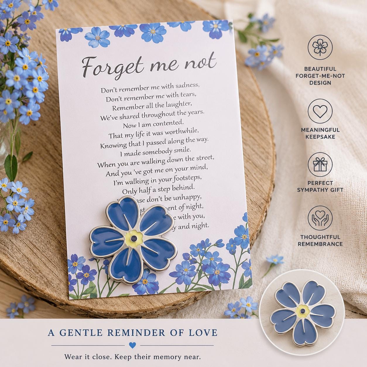 Forget Me Not Memorial Card with Flower Charm | Sympathy Bereavement Gift