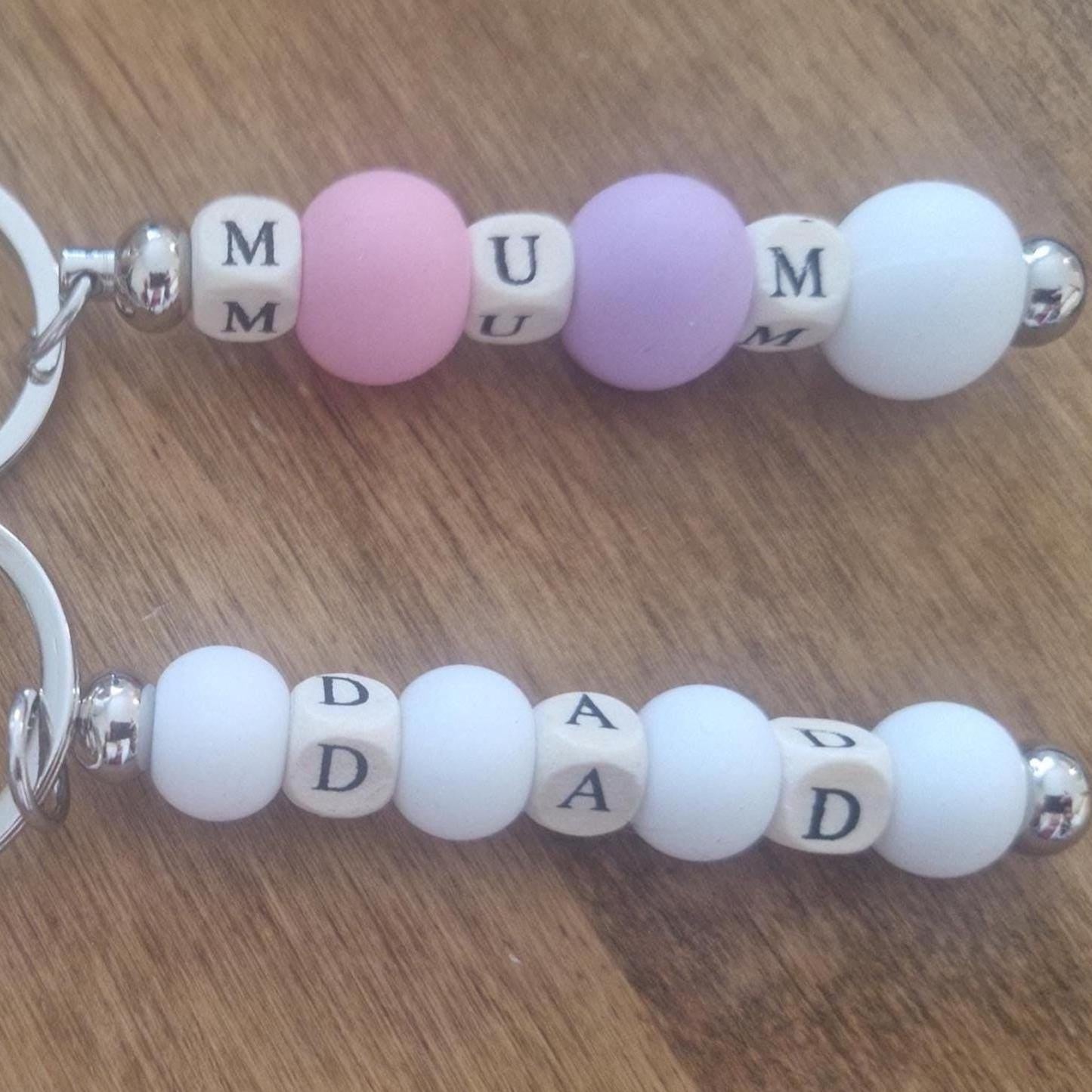 Personalised Silicone Bead Keyring | Custom Name Bag Charm, Mum Dad Gift
