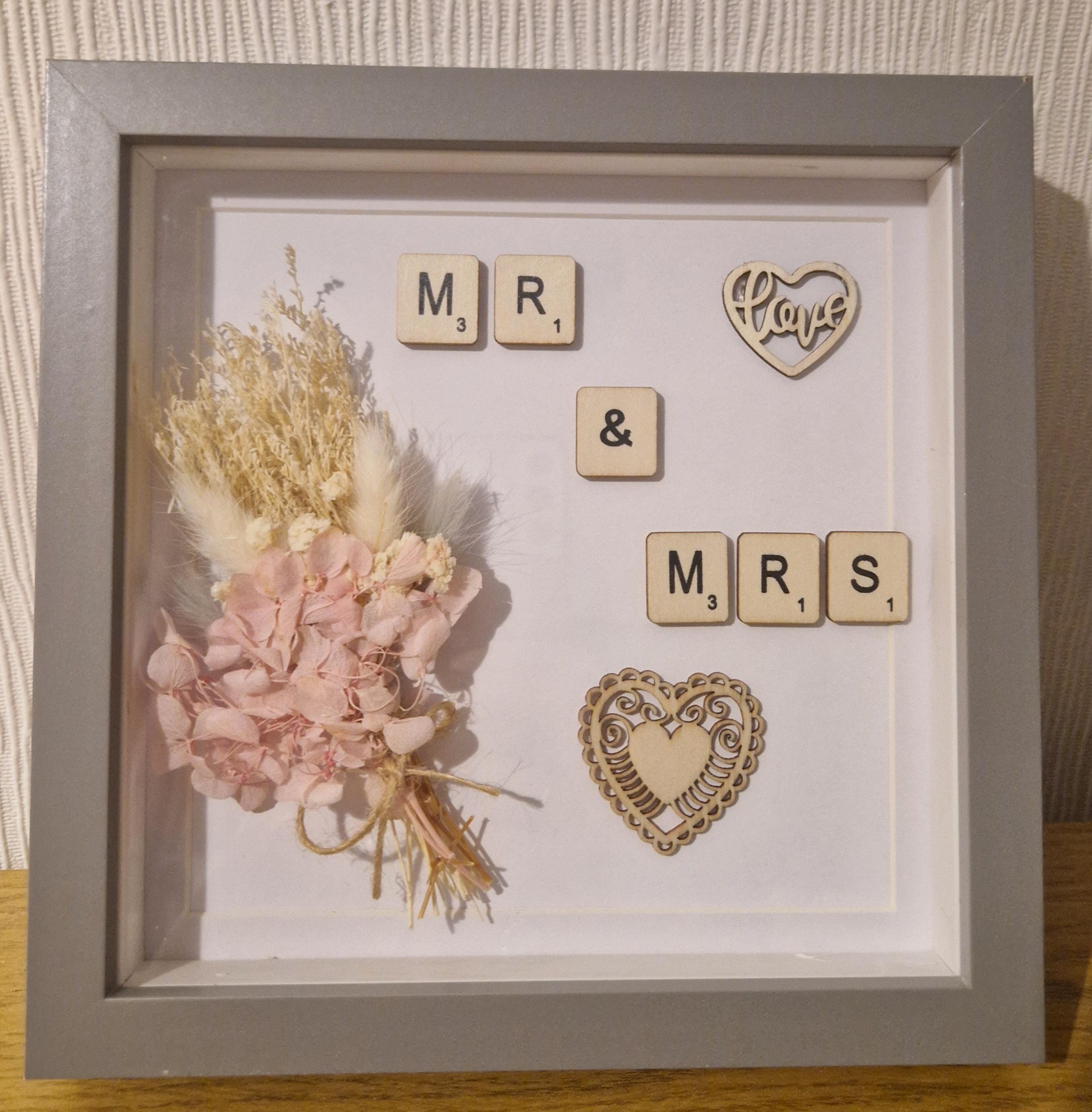 Mr & Mrs Scrabble Frame | Rustic Floral Keepsake, Custom Couple Gift