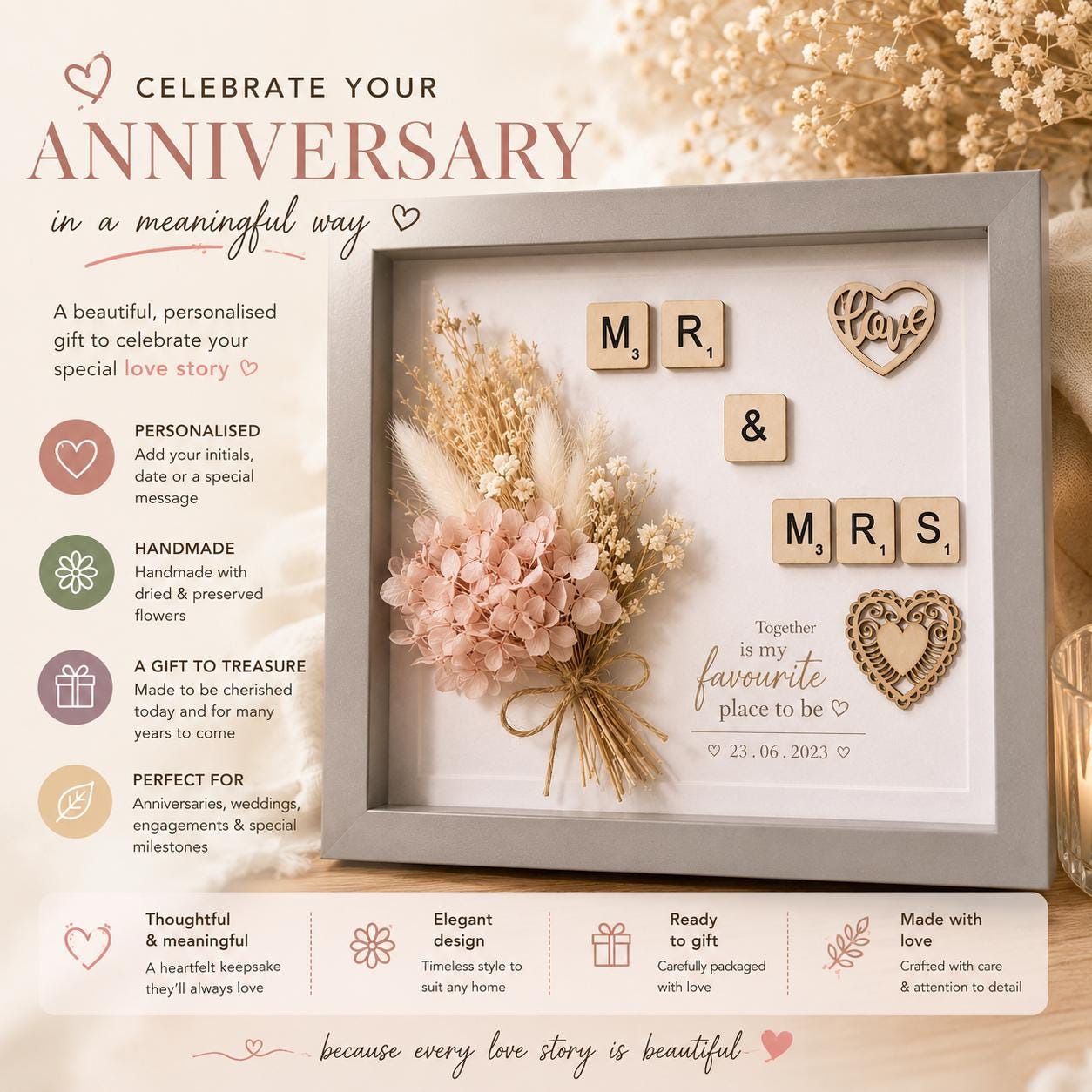 Mr & Mrs Scrabble Frame | Rustic Floral Keepsake, Custom Couple Gift