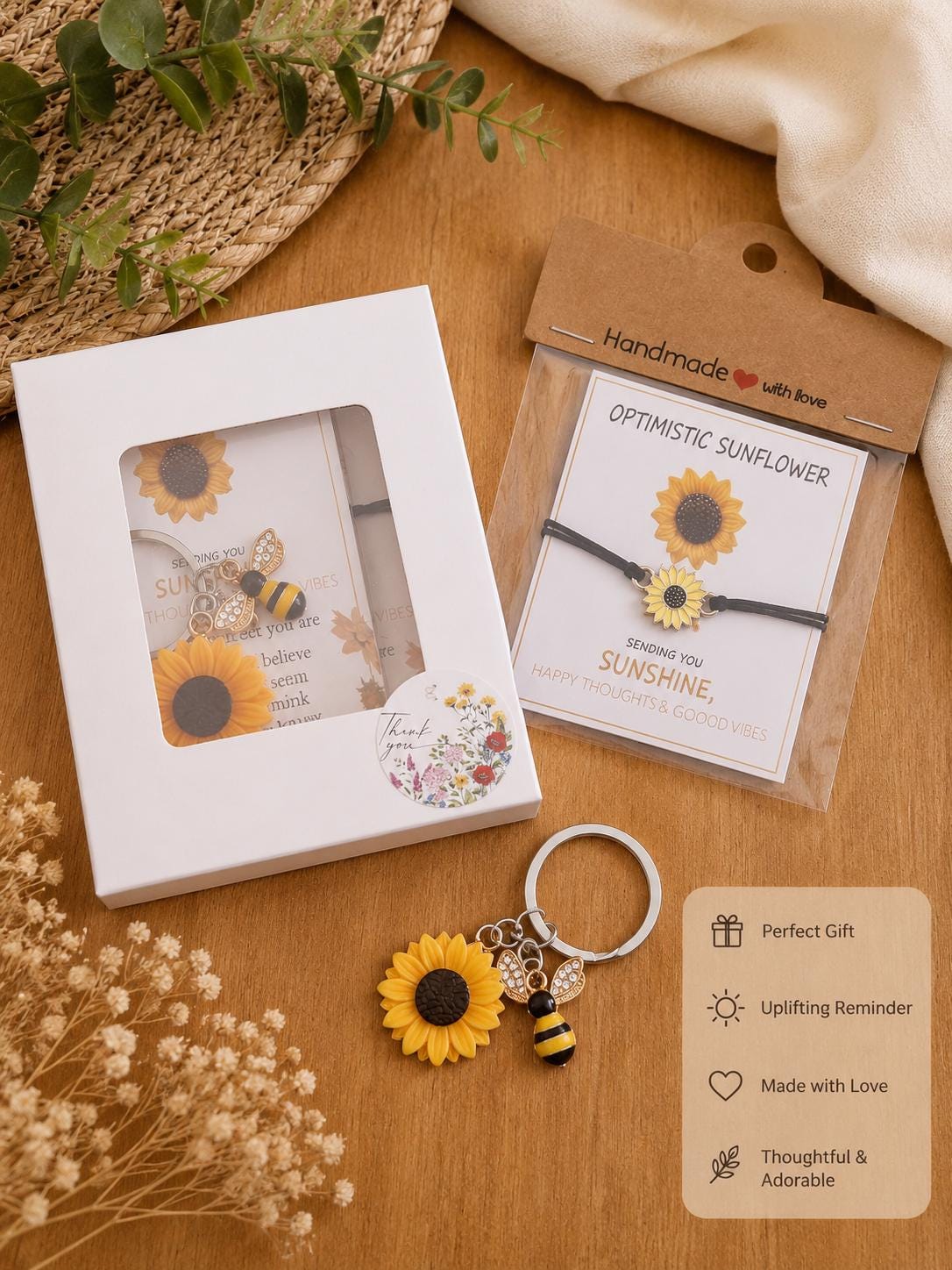 Sunflower Bee Keyring and Bracelet | Gift Box