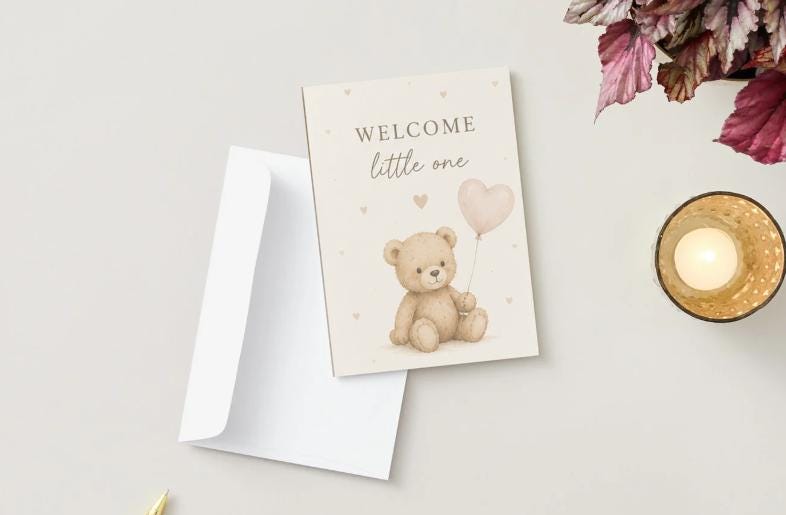 Neutral Baby Announcement Card Set | Rainbow, Bunny, Teddy Bear Designs - baby shower